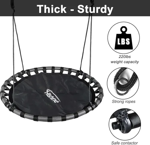 Vista 2 de Columpio de árbol de platillo negro de 43 pulgadas para niños, columpio redondo volador impermeable y resistente a todo tipo de clima, tapete