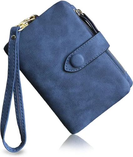 Vista 13 de PofeeXIO Cartera de cuero pequeña para mujer Bifold RFID con muñequera para damas, ranura para tarjetas, ventana para identificación, monedero