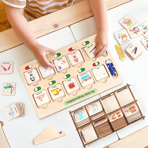 Vista 3 de Dreamon Horario Visual de Madera para Niños Tabla de Tareas, Tablas de Rutina Matutina y de Hora de Dormir para Niños Pequeños