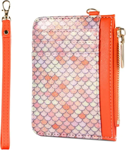 Vista 10 de Cartera pequeña de cuero con protección RFID de sirena para tarjetas de crédito, cartera delgada con correa para la muñeca con bolsillo