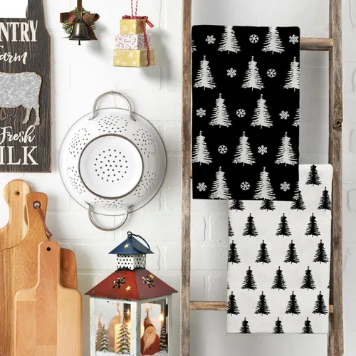 Vista 3 de Juego de 2 toallas de mano para árbol de Navidad, color blanco y negro, juego de 2 toallas de baño absorbentes de copos de nieve, toallas