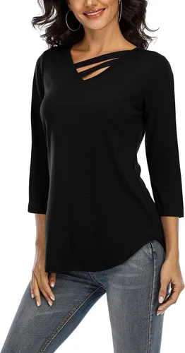 Vista 3 de Davenil Blusas de manga 34 para mujer, cuello en V, dobladillo irregular, blusas sueltas casuales