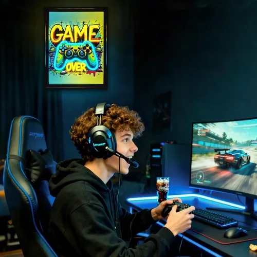 Vista 2 de Cartel de neón para gamer, arte de pared con forma de gamepad regulable en acuarela, imágenes coloridas sobre lienzo para colgar en pared