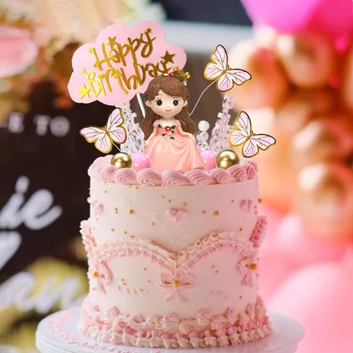 Vista 5 de 19 piezas Decoración de pastel de princesa con castillo, mariposas y bolas para suministros de cumpleaños de princesa (rosa)