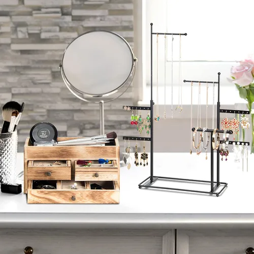 Vista 7 de Lavievert Torre organizadora de joyas con cajón de madera de doble capa caja de almacenamiento de 7 niveles soporte para joyas para collares