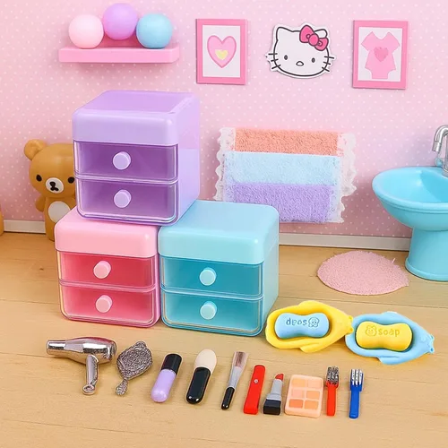 Vista 6 de Juego de 116 piezas de accesorios para casa de muñecas, herramientas de maquillaje, artículos de tocador de baño, bolso para bricolaje, micro