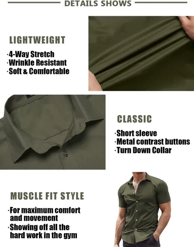 Vista 5 de COOFANDY Camisas de vestir para hombre, sin arrugas, manga corta, casual, con botones
