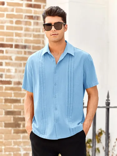 Vista 2 de Guayabera - Camisas de lino de algodón cubano de manga corta con botones, estilo casual, cuello para la playa
