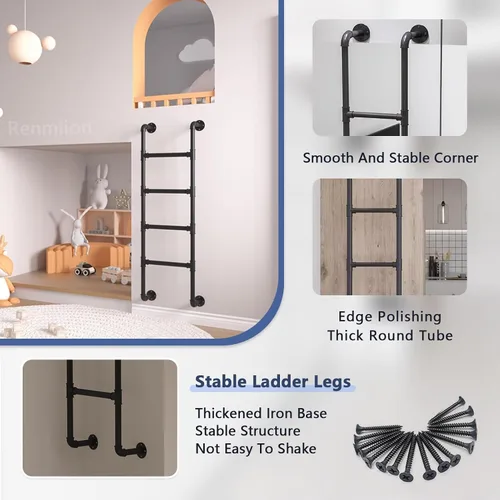 Vista 3 de Escalera de metal para cama tipo loft montada en la pared, litera de hierro forjado, escalera de entrada de entrada con accesorios de montaje
