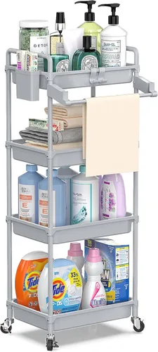 Vista 10 de SPACEKEEPER Carrito de almacenamiento rodante, carrito utilitario de 3 niveles, organización de cuarto de servicio, estantería móvil, organizador