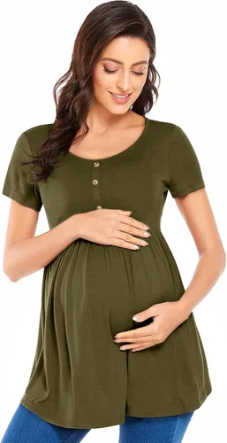 Vista 2 de POSHGLAM Camisetas de maternidad para mujer, cuello redondo, ropa de embarazo fruncida con acento de botón