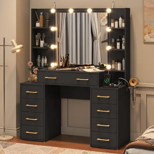 Vista 3 de Escritorio de tocador con espejo y luces, tocador de maquillaje grande de 43.5 pulgadas con parte superior de vidrio y 9 cajones, mesa de maquillaje