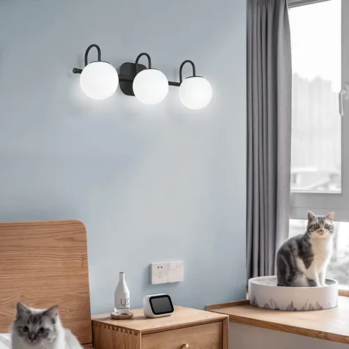 Vista 6 de Moderna lámpara negra para tocador de baño, accesorios de iluminación de 3 luces, marco y pantalla de globo de vidrio blanco leche, aplique de pared