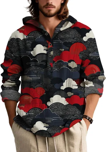 Vista 10 de Sudadera con capucha con estampado floral colorido para hombre, con botones, holgada, de manga larga, sudadera con capucha de gran tamaño para otoño