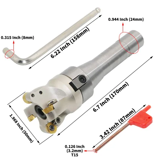 Vista 6 de Porta-fresa de molino de cara EMRW 6R 50-22+R8-FMB22-7/16+RPMT1204 Hoja de aleación dura+Llave de 8 mm+Llave T15, utilizado para el mecanizado