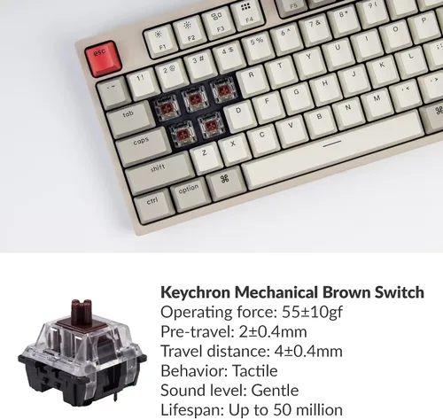 Vista 4 de Keychron C1 Tenkeyless Layout - Teclado mecánico con cable de 87 teclas para Mac, interruptor mecánico marrón Keychron / teclas ABS de color retro