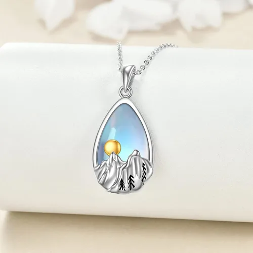 Vista 2 de YFN Collar de plata de ley con dije de onda del océano y cadena de montaña, regalo de joyería para esquiadores, excursionistas, campistas