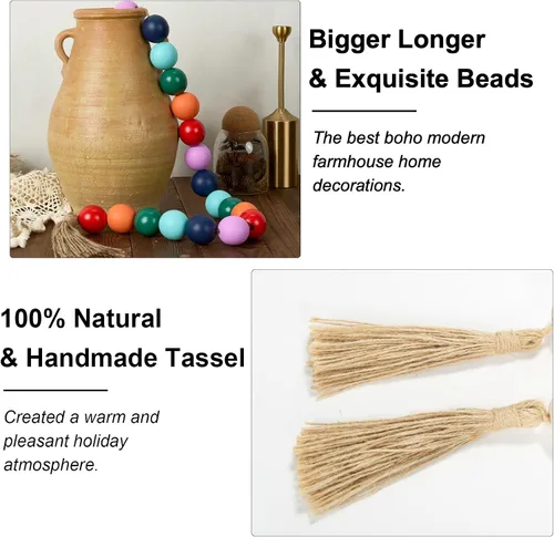 Vista 210 de OMISHE Guirnalda de cuentas de madera extra grande con cuentas de madera y borlas de 1.6 pulgadas de diámetro, cuentas decorativas rústicas de 41