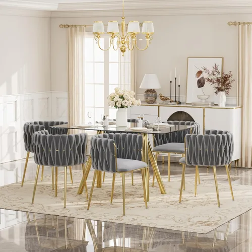 Vista 28 de Glam Style - Juego de mesa de comedor de 5 piezas para 4, mesa de comedor rectangular de vidrio templado de 51 pulgadas con base de metal dorado