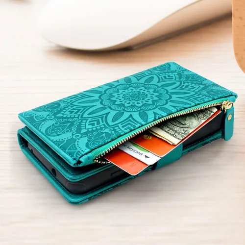 Vista 5 de Harryshell Funda de cuero desmontable con cremallera magnética con bolsillo para monedas, 12 ranuras para tarjetas, correa de muñeca para Samsung