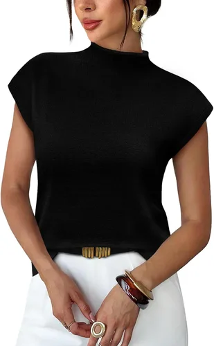 Vista 15 de Sampeel Suéter de manga corta para mujer, cuello alto, para verano, elegante, informal, básico, de punto