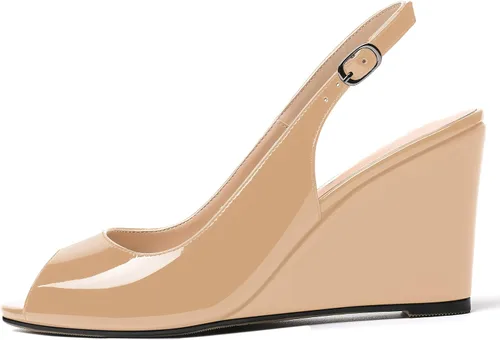 Vista 2 de WAYDERNS Sandalias de cuña de tacón alto con hebilla para mujer, con puntera abierta, puntera abierta, de moda, color sólido, correa ajustable