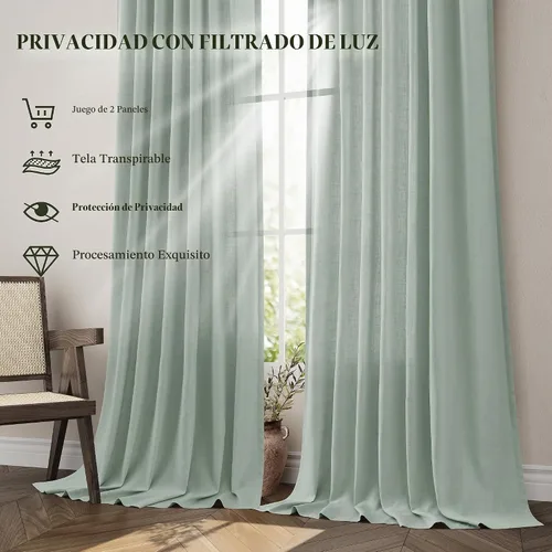 Vista 4 de Jowels Cortinas de Lino Verde Aguamarina con Trabillas Traseras de 84 Pulgadas de Largo para Sala de Estar, 2 Paneles con Bolsillo, Cortina