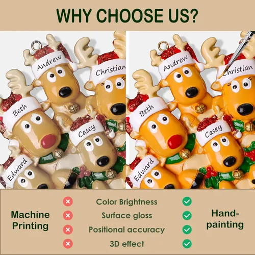 Vista 4 de Adornos de Navidad personalizados de ciervo, familia de 2, 3, 4, 5, 6, 7, 8 – Adorno de Navidad personalizable con nombre de reno, texto para árbol
