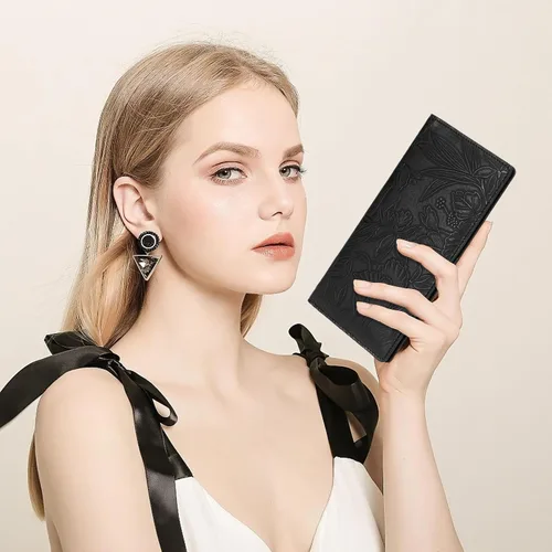 Vista 3 de FALAN MULE Cartera delgada ultrafina para mujer, de cuero plegable, bloqueo RFID, tarjetero de diseño, Negro