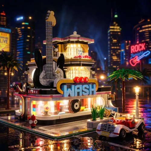 Vista 8 de General Jim's Tienda de música y lavado de autos Street View Modular City Building Block Set, 2,168 piezas con kit de luz Juguetes y ladrillos GJ