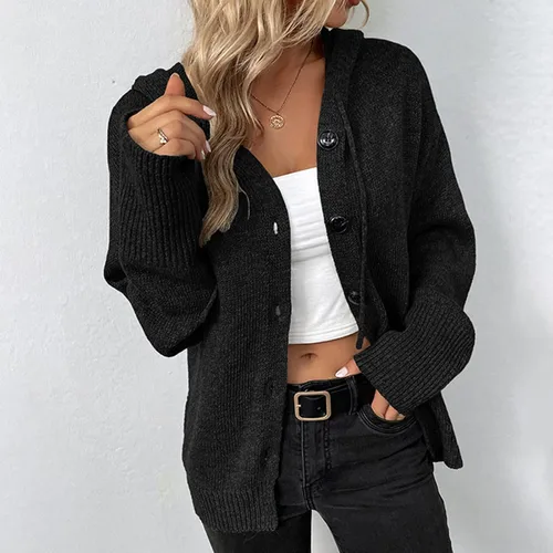 Vista 5 de Suéteres con capucha para mujer, con cordón, de manga larga, de punto, color liso, casual, holgada, con capucha