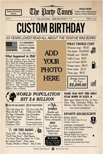 Vista 20 de Decoraciones personalizadas para fiesta de cumpleaños número 70, póster de periódico, lienzo de 0.75 pulgadas para mujeres y hombres, regalos de 1953