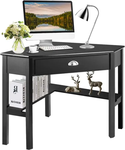 Vista 12 de Tangkula Escritorio esquinero, escritorio de esquina para computadora con cajón para espacio pequeño, escritorio de tocador de maquillaje de esquina