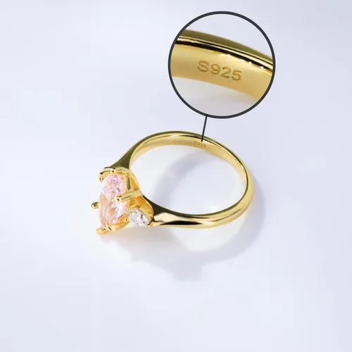 Vista 3 de Anillos de oro de 2 quilates para mujer, anillos de plata de ley 925 con circonita marquesa rosa, anillo de compromiso chapado en oro de 18 quilates