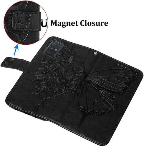 Vista 2 de para Samsung Galaxy A51 Case Wallet Flip Cover (Negro) Butterfly Floral Embossed Pattern, Wrist Strap, PU Leather, Card Holder Slots, Cash Pocket