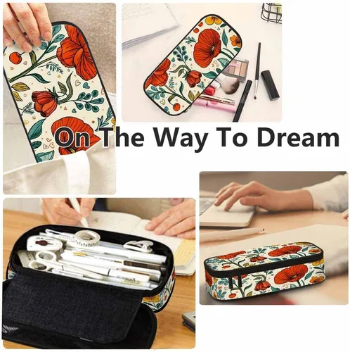 Vista 5 de Yekiua Bolsa Floral para Lápices, Flor Silvestre en Plena Floración, Hojas, Alta Capacidad, Bolsa para Artículos de Papelería, Bolsa