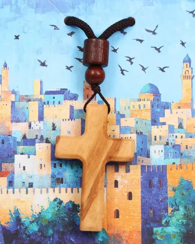 Vista 2 de Collar de cruz de madera de olivo de 1.5 pulgadas, colgante cristiano hecho a mano con cordón de algodón, pequeña cruz de fe de madera para espejo
