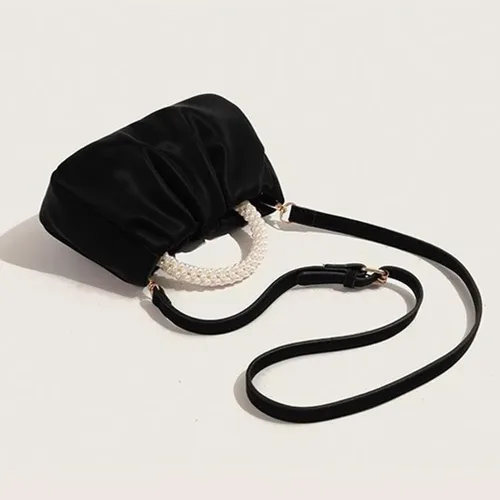 Vista 6 de Beatfull Bolso de noche para mujer, bolso de mano pequeño con perlas de cuero suave, bolso fruncido para boda, novia, fiesta, baile de graduación