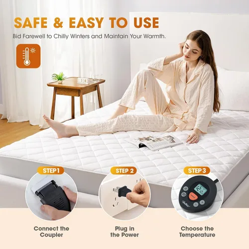 Vista 7 de Protector de colchón térmico tamaño individual, protector de colchón eléctrico con funciones de precalentamiento, calentador de cama con controlador