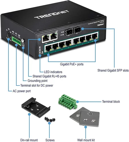 Vista 10 de TRENDnet Conmutador industrial Gigabit PoE+ de 10 puertos, 8 puertos Gigabit PoE+, Montaje en carril DIN, 2 ranuras SFP, Presupuesto de alimentación