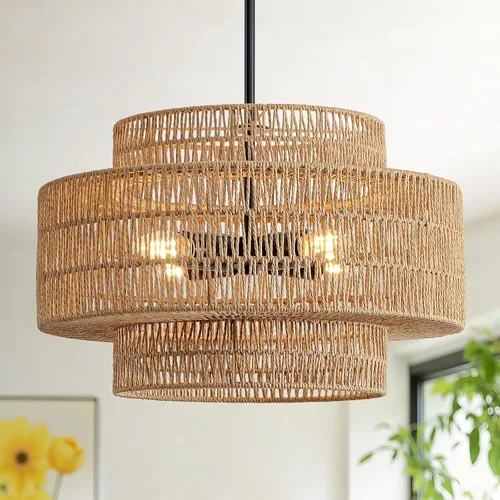 Vista 11 de 12.4” Candelabro de ratán boho, 1 luz, lámpara colgante tejida a mano, lámpara colgante rústica de estilo granja para isla de cocina, recámara
