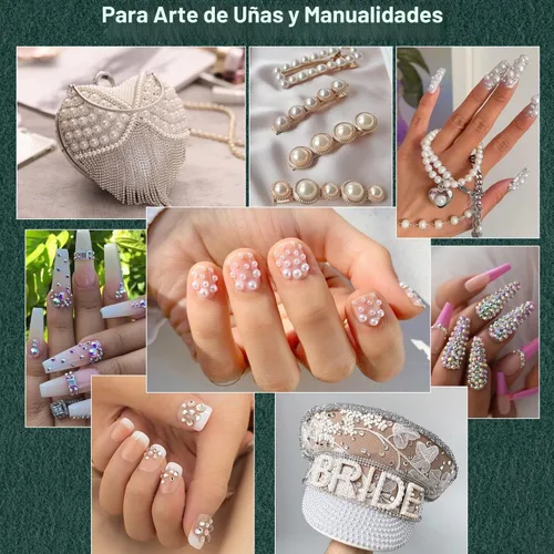 Vista 6 de Kit de diamantes de imitación y perlas con parte trasera plana, cristal redondo AB y gemas blancas transparentes+perlas blancas y beige