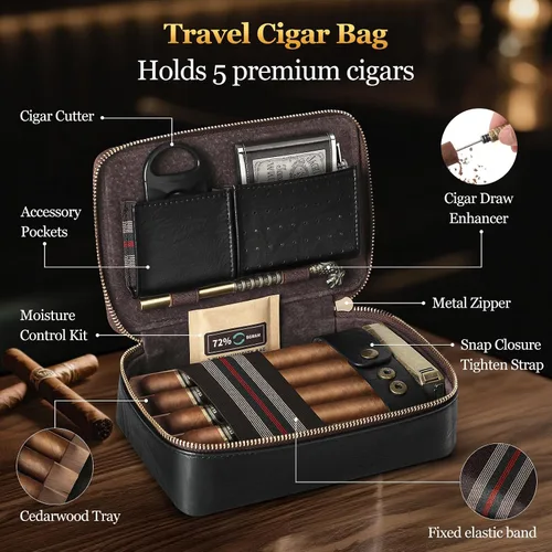 Vista 2 de Humidor de puros, humidor de puros de viaje de cuero, estuche portátil para puros con potenciador de tiro de puros y cortador de puros multifunción
