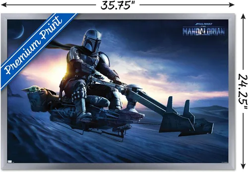 Vista 18 de Star Wars: The Mandalorian - Póster de pared Grogu Sunset Speeder, 34 pulgadas de largo x 22.4 W, versión premium sin marco