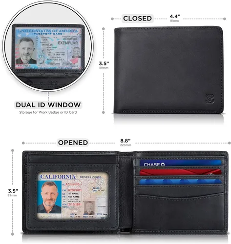 Vista 24 de SERMAN BRANDS Billetera de piel con 2 ventanas de identificación para hombre, con bloqueo RFID, doble tapa superior, billetera de viaje de capacidad