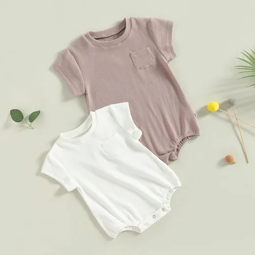 Vista 7 de KMBANGI Mameluco de manga corta con cuello redondo de punto acanalado de color sólido para bebé, niña y niño, traje de verano de una pieza