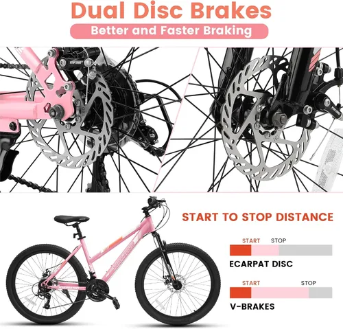 Vista 6 de Ecarpat 24/26 Inch Mountain Bike for Women Girls, 21-Speed Mountain Bicycle with Disc/V-Brakes and Front Fork Suspension, Carbon Steel Frame MTB Bike