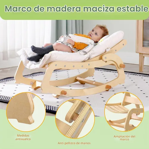Vista 5 de MallBest Silla mecedora 3 en 1 para bebé con cojines dobles, para 0-12 meses, balancín de madera ajustable para bebés con cojín extraíble y arnés