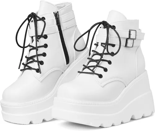 Vista 7 de mikarka Botas holográficas de plataforma para mujer, con cordones en el tobillo, con tachuelas y hebilla, góticas, de cuña apilada, botines de Cuña