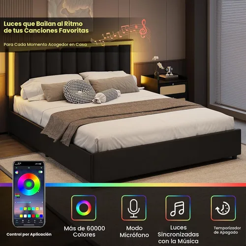Vista 4 de IMMERSTABLE Base de cama tamaño Queen con cabecero y 4 cajones de almacenamiento, plataforma tapizada de piel sintética con luces LED, listones